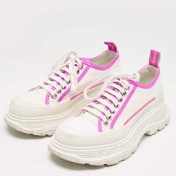 Alexander McQueen White/Neon Pink Canvas and Leather Slick Chunky Sneakers Size 38.5
