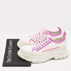 Alexander McQueen White/Neon Pink Canvas and Leather Slick Chunky Sneakers Size 38.5