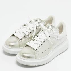 Alexander McQueen Silver Leather Oversized Lace Up Sneakers Size 40