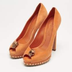 Alexander McQueen Orange Suede Skull Studded Peep Toe Pumps Size 37