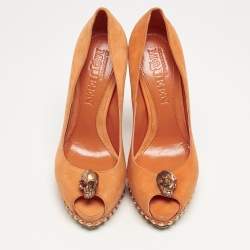 Alexander McQueen Orange Suede Skull Studded Peep Toe Pumps Size 37