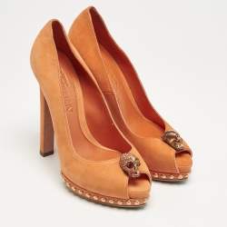 Alexander McQueen Orange Suede Skull Studded Peep Toe Pumps Size 37
