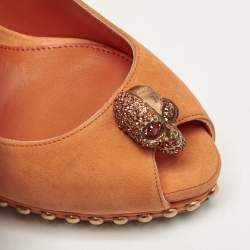 Alexander McQueen Orange Suede Skull Studded Peep Toe Pumps Size 37