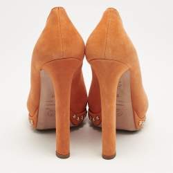 Alexander McQueen Orange Suede Skull Studded Peep Toe Pumps Size 37