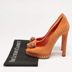 Alexander McQueen Orange Suede Skull Studded Peep Toe Pumps Size 37
