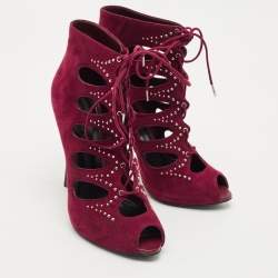 Alexander McQueen Burgundy Cut Out Suede Studded Ankle Booties Size 38