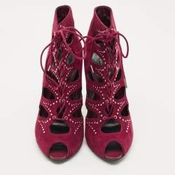 Alexander McQueen Burgundy Cut Out Suede Studded Ankle Booties Size 38