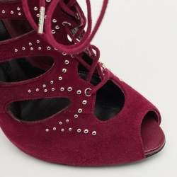 Alexander McQueen Burgundy Cut Out Suede Studded Ankle Booties Size 38
