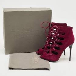 Alexander McQueen Burgundy Cut Out Suede Studded Ankle Booties Size 38