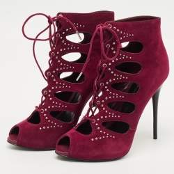 Alexander McQueen Burgundy Cut Out Suede Studded Ankle Booties Size 38