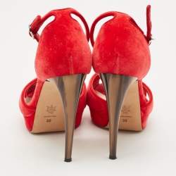 Alexander McQueen Red Velvet Horn Heel Ankle Strap Platform Sandals Size 38