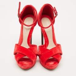 Alexander McQueen Red Velvet Horn Heel Ankle Strap Platform Sandals Size 38