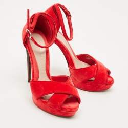 Alexander McQueen Red Velvet Horn Heel Ankle Strap Platform Sandals Size 38