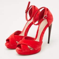 Alexander McQueen Red Velvet Horn Heel Ankle Strap Platform Sandals Size 38