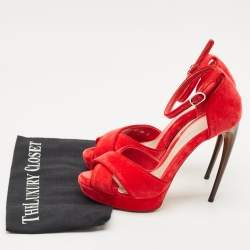 Alexander McQueen Red Velvet Horn Heel Ankle Strap Platform Sandals Size 38