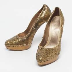 Pre Owned Alexander McQueen Gold Sequins Horn Heel Platform Pumps Size 40