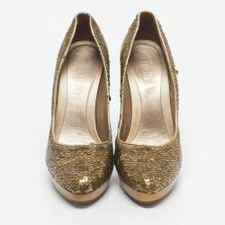 Pre Owned Alexander McQueen Gold Sequins Horn Heel Platform Pumps Size 40