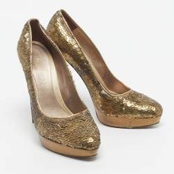 Pre Owned Alexander McQueen Gold Sequins Horn Heel Platform Pumps Size 40