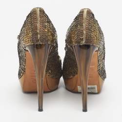 Pre Owned Alexander McQueen Gold Sequins Horn Heel Platform Pumps Size 40