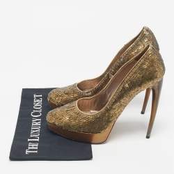 Pre Owned Alexander McQueen Gold Sequins Horn Heel Platform Pumps Size 40