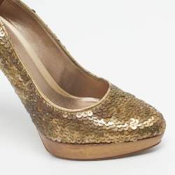 Pre Owned Alexander McQueen Gold Sequins Horn Heel Platform Pumps Size 40