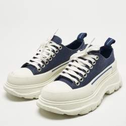 Pre Owned Alexander McQueen Blue/White Canvas and Rubber Tread Slick Sneakers Size 38.5