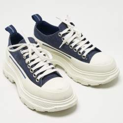 Pre Owned Alexander McQueen Blue/White Canvas and Rubber Tread Slick Sneakers Size 38.5