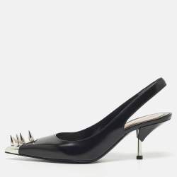 Pre Owned Alexander McQueen Black Leather Punk Spike Slingback Pumps Size 38
