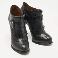 Pre Owned Alexander McQueen Black Leather Fringe Ankle Length Boots Size 36