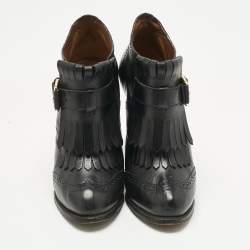 Pre Owned Alexander McQueen Black Leather Fringe Ankle Length Boots Size 36