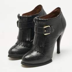 Pre Owned Alexander McQueen Black Leather Fringe Ankle Length Boots Size 36