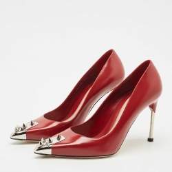 Pre Owned Alexander McQueen Red Leather Spike Pointed Toe Pumps Size 38