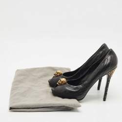 Pre Owned Alexander McQueen Black Leather Crystal Embellished Skull Detail Peep Toe Platform Pumps Size 41