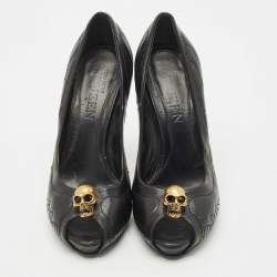 Pre Owned Alexander McQueen Black Leather Crystal Embellished Skull Detail Peep Toe Platform Pumps Size 41