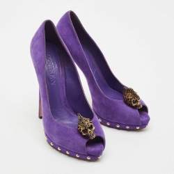Pre Owned Alexander McQueen Purple Suede Skull Peep Toe Pumps Size 40