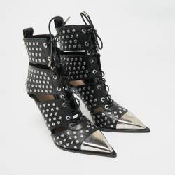 Pre Owned Alexander McQueen Black Cutout Leather Ankle Length Boots Size 39