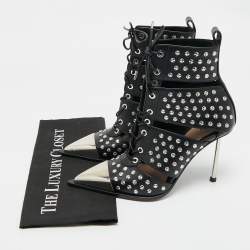 Pre Owned Alexander McQueen Black Cutout Leather Ankle Length Boots Size 39