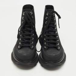 Pre Owned Alexander McQueen Black Fabric and Rubber Tread Slick High Top Sneakers Size 39
