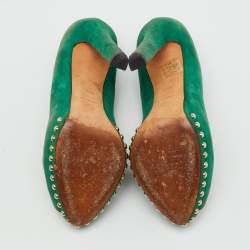 Pre Owned Alexander McQueen Green Suede Skull Platform Peep Toe Pumps Size 38.5