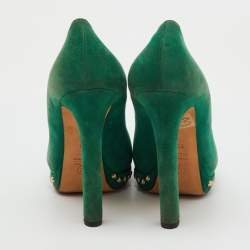 Pre Owned Alexander McQueen Green Suede Skull Platform Peep Toe Pumps Size 38.5