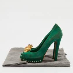 Pre Owned Alexander McQueen Green Suede Skull Platform Peep Toe Pumps Size 38.5