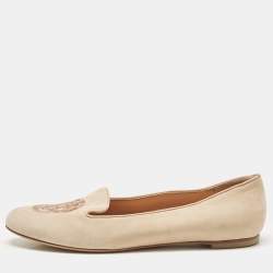 Pre Owned Alexander McQueen Peach Suede Skull Embroidered Smoking Slippers Size 39
