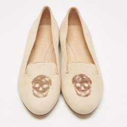 Pre Owned Alexander McQueen Peach Suede Skull Embroidered Smoking Slippers Size 39