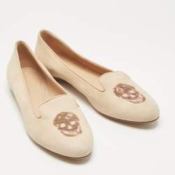 Pre Owned Alexander McQueen Peach Suede Skull Embroidered Smoking Slippers Size 39