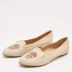 Pre Owned Alexander McQueen Peach Suede Skull Embroidered Smoking Slippers Size 39
