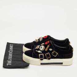 Pre Owned Alexander McQueen Black Velvet Crystal Embellished Buckle Sneakers Size 39