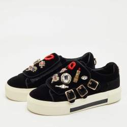 Pre Owned Alexander McQueen Black Velvet Crystal Embellished Buckle Sneakers Size 39