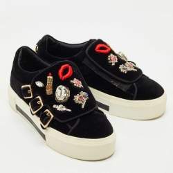 Pre Owned Alexander McQueen Black Velvet Crystal Embellished Buckle Sneakers Size 39