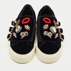 Pre Owned Alexander McQueen Black Velvet Crystal Embellished Buckle Sneakers Size 39
