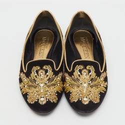 Pre Owned Alexander McQueen Black Suede Embroidered Smoking Slippers Size 38.5
